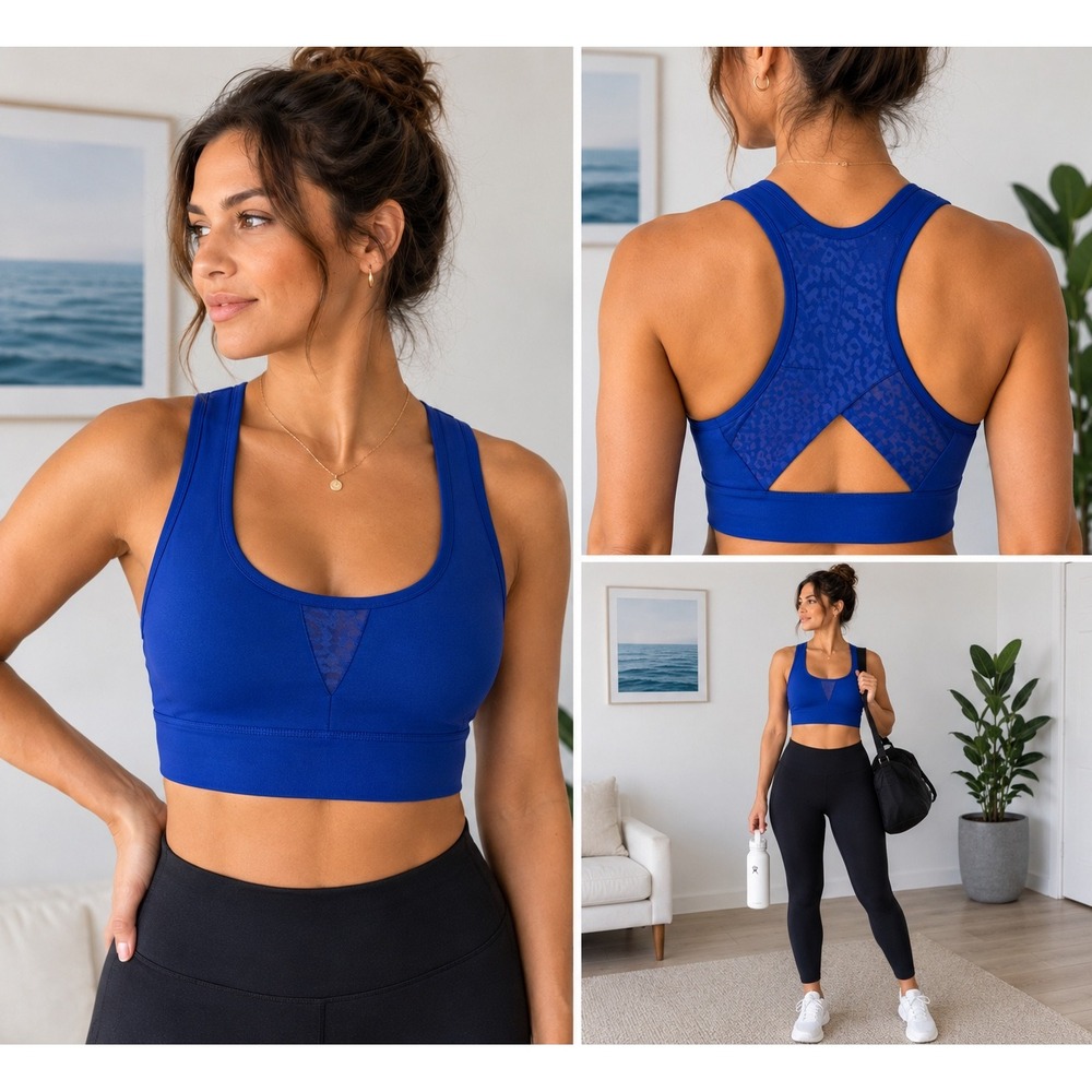DIP Sports Bra Womens Medium Blue Spandex Mesh Racerback Leopard Print Gym Top